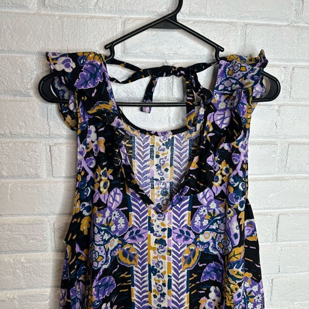Free People‎ Tunic Summer In Tulum Purple Floral Linen Blend size Large - Picture 3 of 6